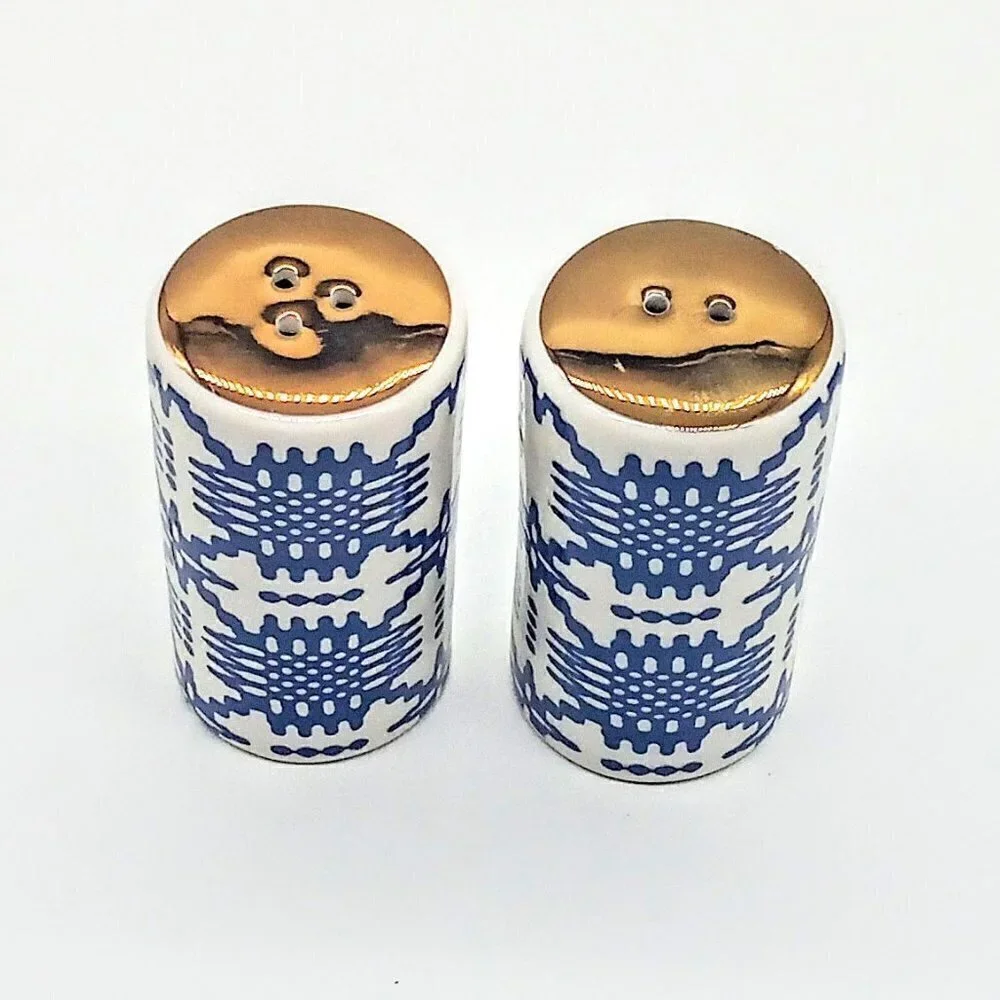 Blue White Ceramic Gold Top Salt Pepper Shakers